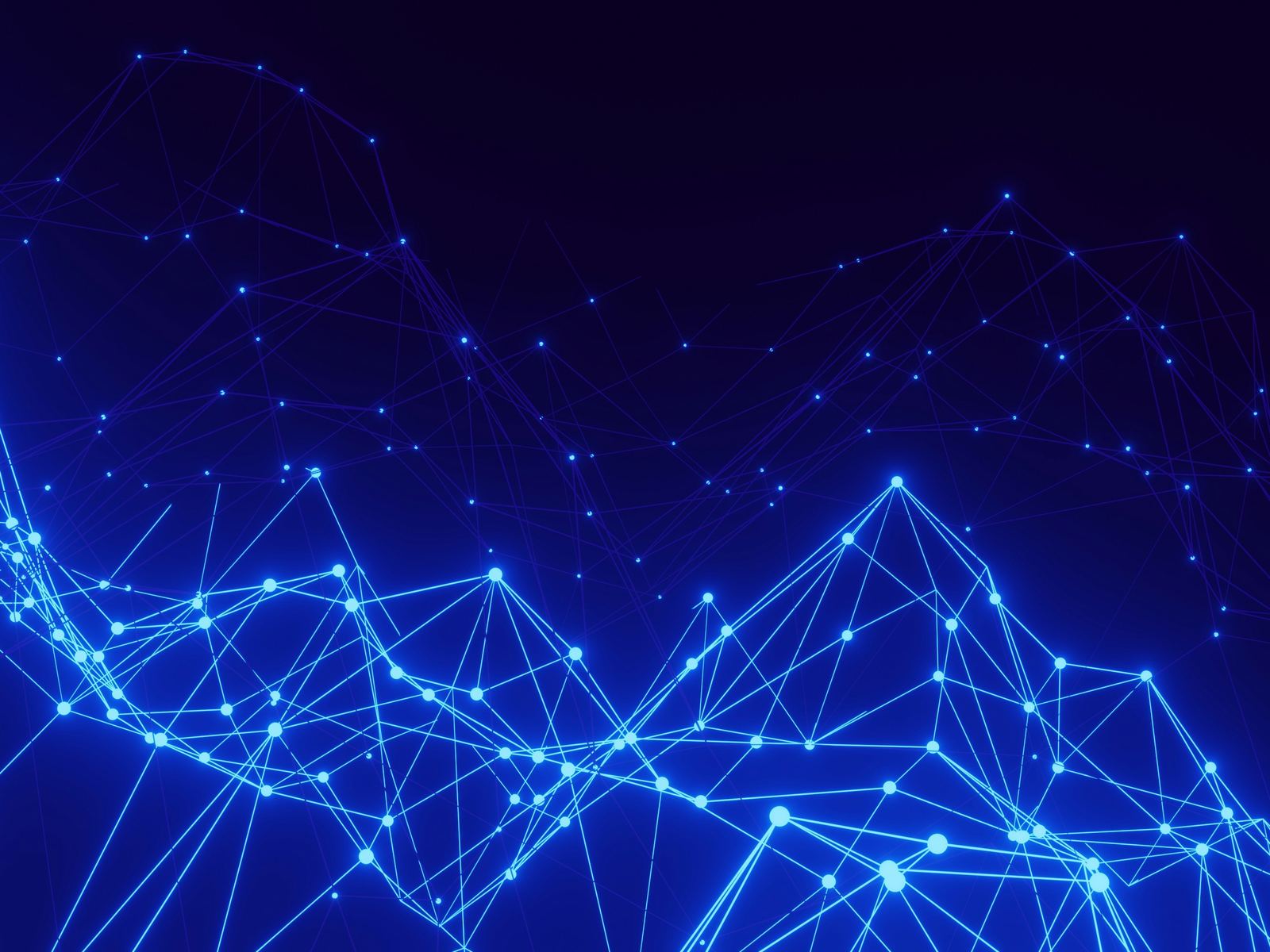 Glowing blue network of connected data points, representing the uneven 'jagged frontier' where AI performs well on some business tasks and poorly on others