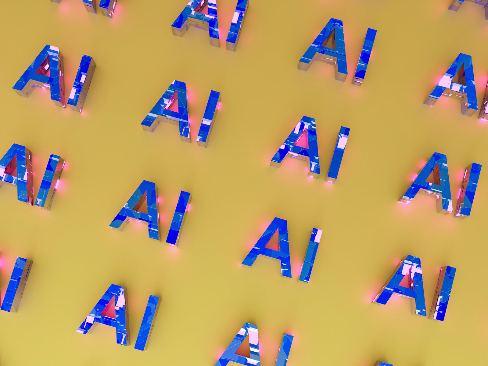 Rows of glossy blue 3D "AI" letters scattered across a mustard-yellow surface, evoking how AI tools are now scattered everywhere across a business, whether leadership planned for them or not